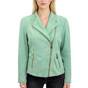Queen Collection Mint Green Perforated Leather Moto Jacket Biker Womens Size L